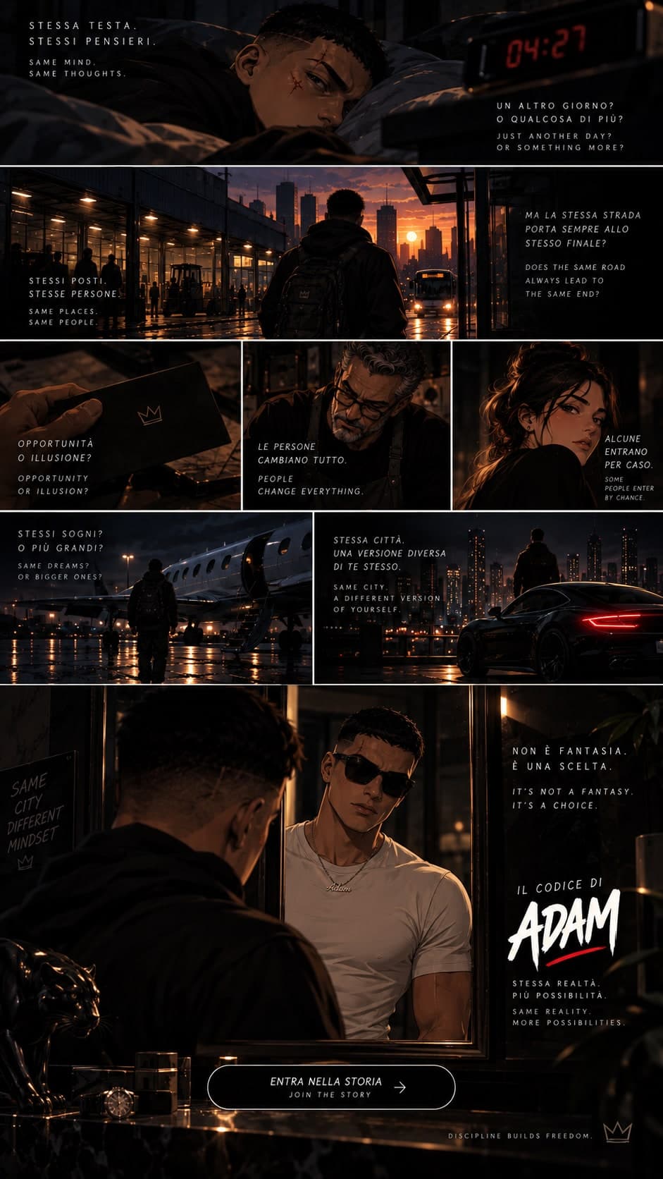 Inside the book: a graphic-novel page with Adam, the city at night and the words “Join the story”