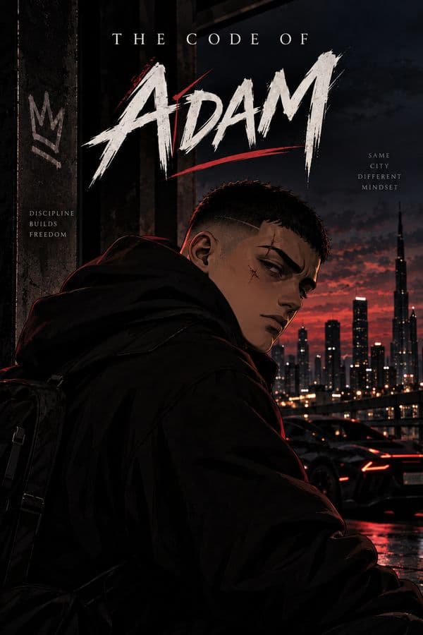 Copertina del libro Il Codice di Adam: Adam, un ragazzo con una cicatrice sul viso, davanti allo skyline di notte